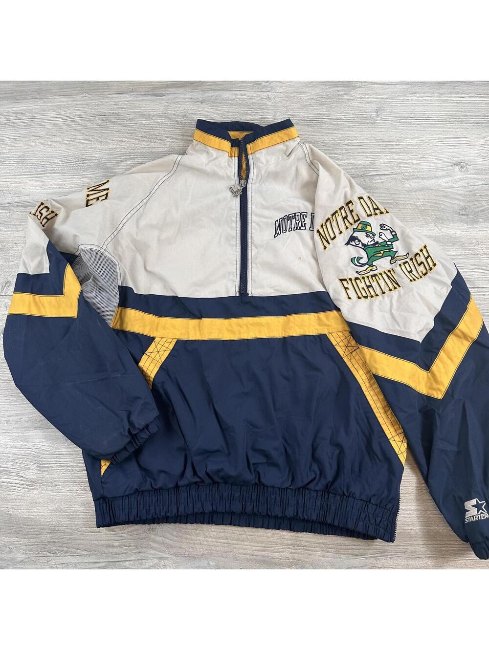 VTG Notre Dame Starter Jacket Men Large Navy Gold White Anorak Windbreaker Track
